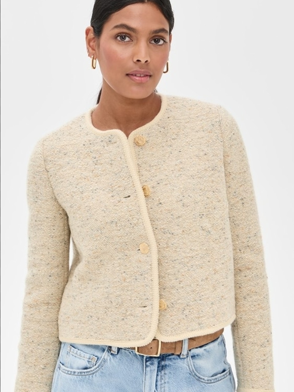ba&sh Cream Tweed Button Front Cardigan with Gold Buttons - Picture 3 of 15